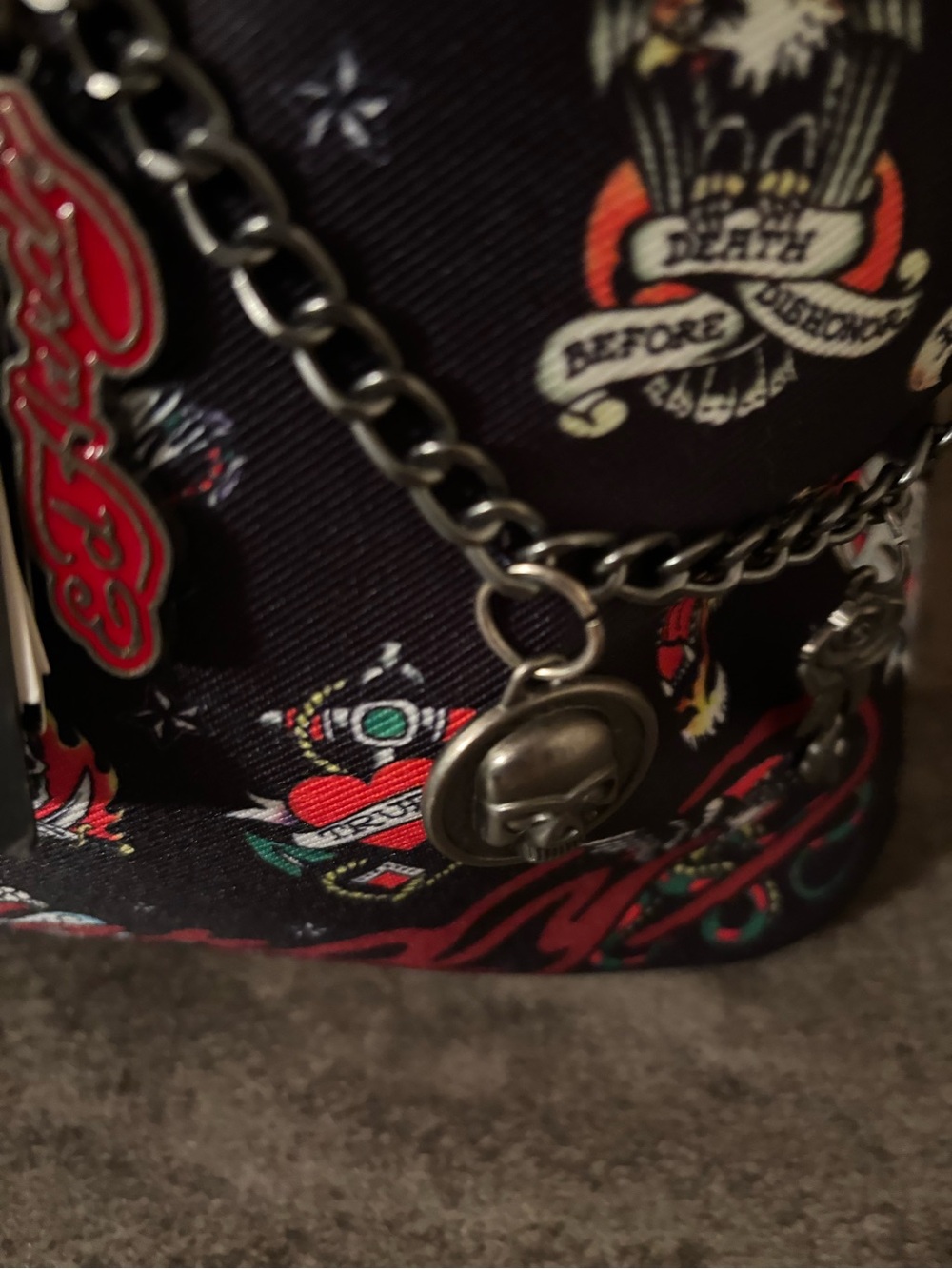 ED HARDY Black Tattoo-Print Canvas Tote Bag WITH CHAIN DETAIL NWT - Picture 2 of 9